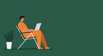 Person working remotely on a laptop while comfortably seated in a chair with a plant nearby, illustrating flexible work and modern lifestyle.