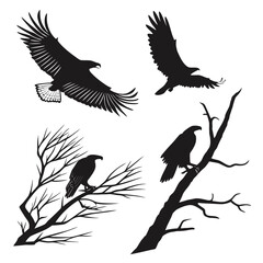 Four black eagle silhouettes flying and perched on branches vector