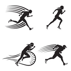 Four black running silhouettes with motion lines runner athlete