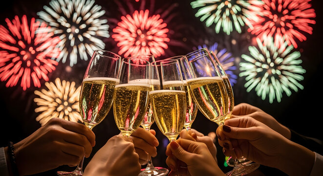 Group of friends toasting with champagne glasses against a night sky with spectacular, colorful fireworks