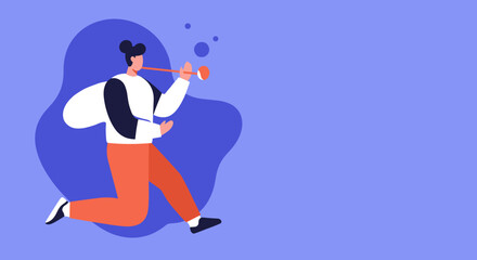 Energetic person celebrates with a party horn, symbolizing joy, success, and festivities. Ideal for business achievements, events, or happy occasion promotions.