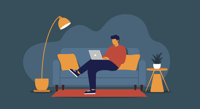 Man focused on his laptop while sitting comfortably on a sofa at home. Represents remote work, online learning, or digital lifestyle concepts.