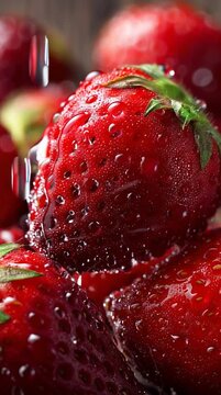 Juicy strawberry macro shot with water drops. Ideal for diet, vegan lifestyle, natural vitamins, and fruit-based backgrounds.