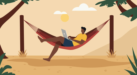Man working on a laptop in a hammock outdoors under the sun, representing remote work, digital nomad lifestyle, and flexible career. Ideal for travel and business concepts.