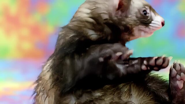 Adorable Ferret Portrait with Brown Fur and White Markings on a Bright Multi Colored Background
