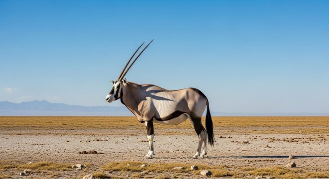 A gemsbok stands in profile on a flat, arid plain under a clear, blue sky, mountains visible in the distance. Its long, curved horns are prominent against the simple backdrop