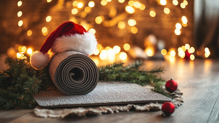 Festive yoga mat wearing Santa hat resting on another mat, surrounded by Christmas ornaments and soft holiday bokeh lights, highlighting seasonal wellness practice