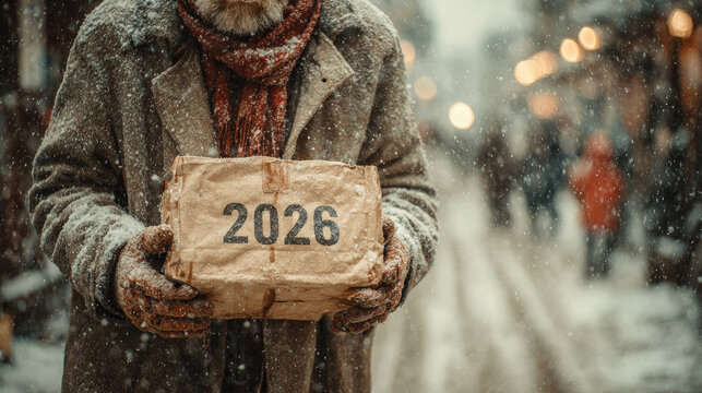 homeless man standing on snowy christmas winter street holding festive food bag with 2026 inscription symbolizing charity kindness support compassion hope and holiday generosity in urban scene