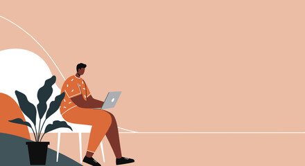 Stylish person casually works on a laptop in a modern, minimalist setting with a potted plant. Ideal for concepts of remote work, freelance, or digital lifestyle.