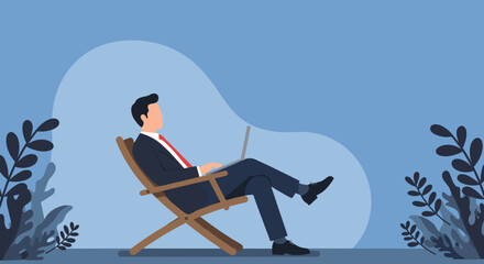Businessman in a suit uses a laptop while relaxing in a deck chair, representing remote work, work-life balance, and flexible modern professional life.