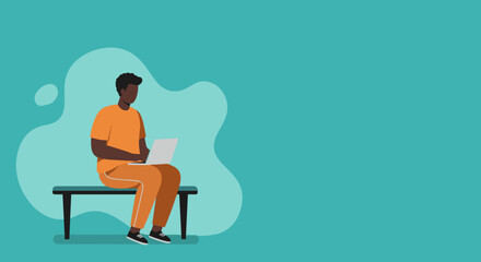 Black man sitting casually on a bench, focused on his laptop. Ideal for remote work, online learning, or digital communication concepts with copy space.