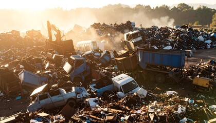 Scrap metal pile at sunrise