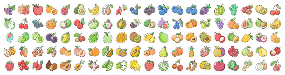 Hand drawn fruits collection with colorful variety - Colorful set of hand drawn fruit illustrations including apples, bananas, berries, citrus, and tropical fruits, perfect for food, health