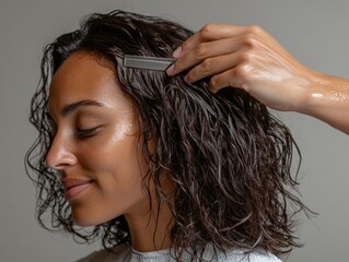 Naklejka premium Young woman calmly combing wet hair indoors during daytime