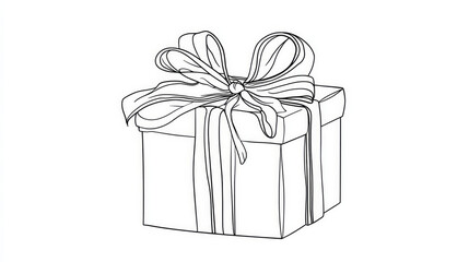 Obraz premium A gift box with a bow is continuously drawn in lines on a white background. wrapped surprise gift for a birthday celebration or Christmas.Celebrate and have a party. Vector illustration of a flat cart