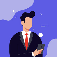 Professional businessman in a suit and tie, engaged with a tablet. Represents modern communication, technology, and corporate success in a vibrant, digital setting.