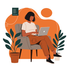 Focused young woman working remotely on laptop from a comfortable armchair at home. Represents modern flexible work, freelance, online learning, or digital lifestyle concepts.