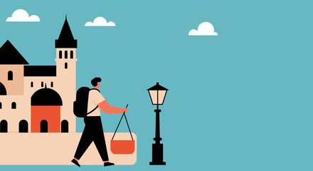 Traveler with a backpack walking past historic buildings and a streetlamp under a clear sky, embodying exploration and adventure.