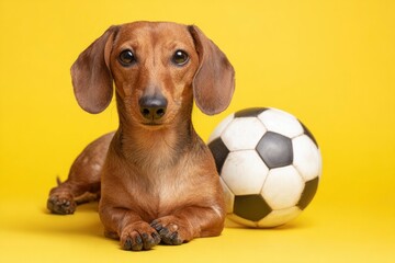 A dachshund rests beside a soccer ball against a yellow background The dog gazes forward with its paws neatly crossed