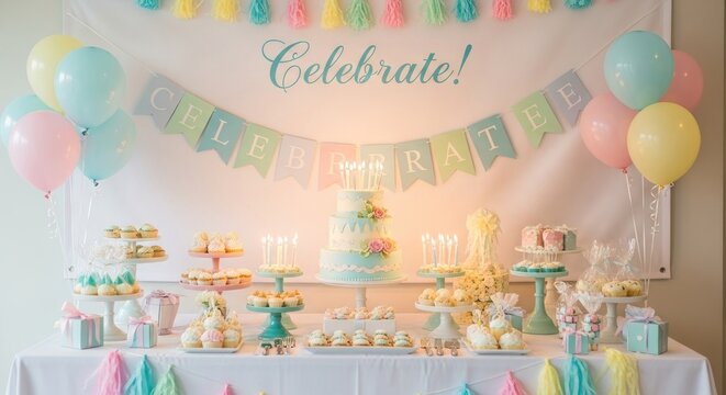 Pastel-themed party setup with a tiered cake, various sweets, balloons, and a "Celebrate!" banner.  Fluffy pastel tassels adorn the backdrop and table