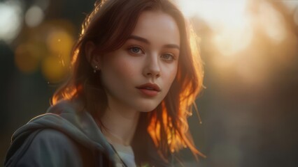 Obraz premium Close-up portrait of a young woman with auburn hair, lit by golden sunlight