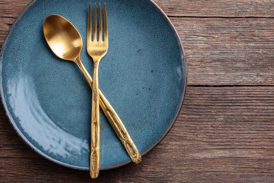 Gold utensils rest on a textured blue plate set against a weathered wood background - Powered by Adobe