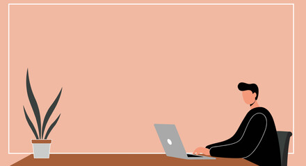 Man working on laptop at a minimalist desk with a plant. Ideal for themes of remote work, online education, or modern office productivity.