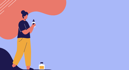 Minimalist illustration of a person using a dropper bottle, suitable for concepts of skincare, beauty, wellness, essential oils, or health products.