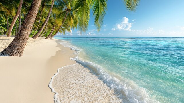 On a serene tropical island, palm trees rise above the white sands, embraced by the mesmerizing clear turquoise water that stretches to the horizon.