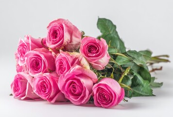 Obraz premium A bouquet of vibrant pink roses with lush green leaves resting on a soft, white surface in a studio setting