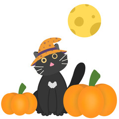 Black cat, pumpkin, moon, Halloween, cute cartoon line drawing, witch pet, holiday, celebration, Christmas character, illustration, vector.