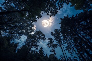 Full moon shining brightly in a cloudy night sky viewed through the silhouettes of tall trees in a forest