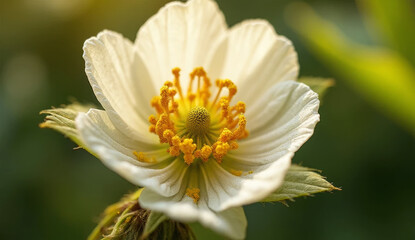 Macro of strawberry flower with visible pollen grains, blurred green leaves in the background, natural sunlight. Perfect for gardening, agriculture, organic food, plant growth concepts