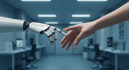 Robotic hand shaking human hand