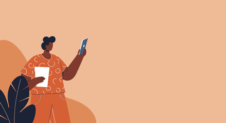 Illustration of a person multitasking with a document and smartphone, symbolizing modern communication, business, and digital lifestyle. Copy space.