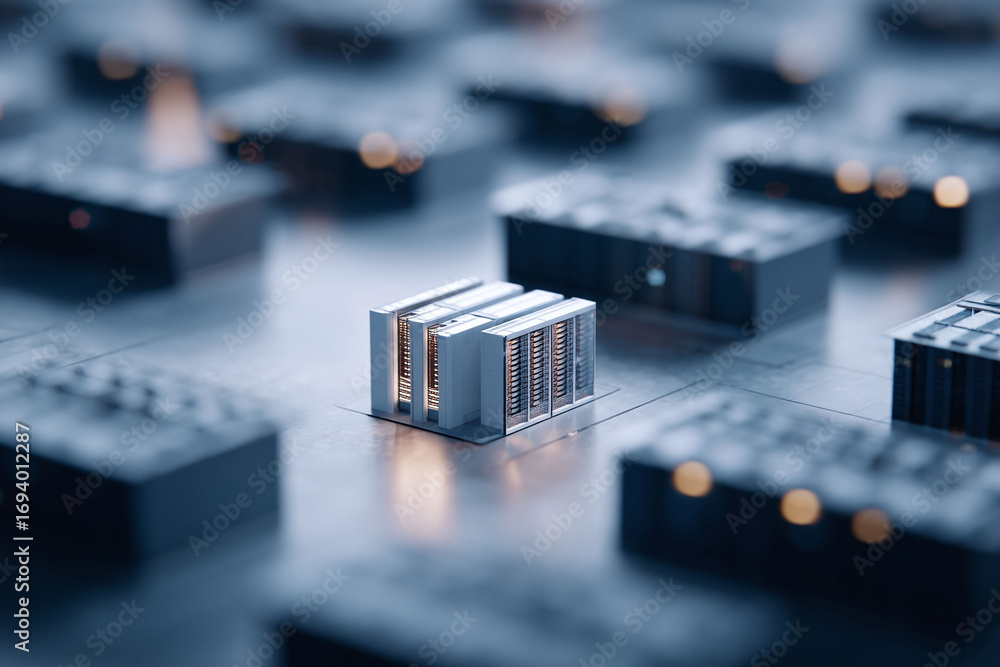 Poster abstract tech concept featuring server racks, depicting data centers, cloud computing, or artificial