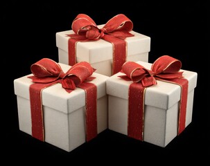 Obraz premium Three stacked white gift boxes tied with red and gold ribbon bows isolated on a black background