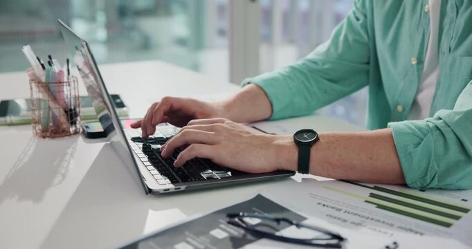 Businessman, hands or typing with laptop for accounting, statistics or finance in office. Man, accountant or analyst with computer, documents or graphs for company budget or planning in workplace
