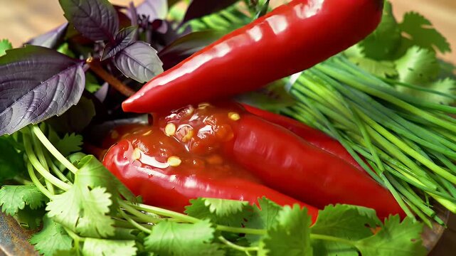 Close Up of Red Chili Peppers With Green Herbs Cilantro Chives and Purple Basil