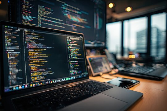 Multiple computer screens displaying code