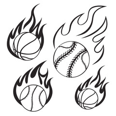 Stylized basketballs and baseballs with flames fire sports