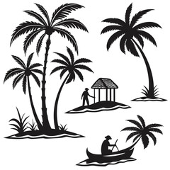 Obraz premium Tropical island scene with palm trees hut and canoe silhouette