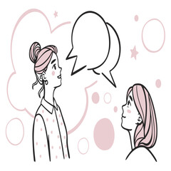 Two women talking with speech bubbles illustration people