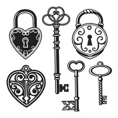 Vintage lock and key silhouettes heart shape