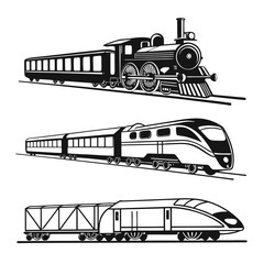 Vintage steam engine modern bullet train freight car wagon silhouette
