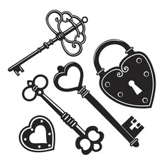 Vintage locks and keys silhouettes heart shaped lock