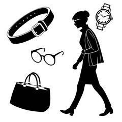 Woman walking with accessories belt glasses handbag watch silhouette fashion