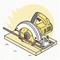 Yellow circular saw on wooden plank woodworking tool