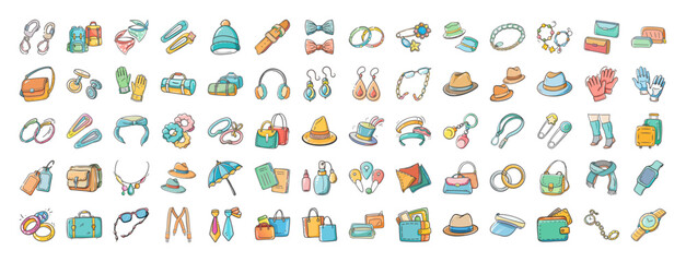 Hand drawn fashion accessories icons collection - Colorful set of hand drawn accessory illustrations including bags, hats, jewelry, sunglasses, and belts, perfect for fashion, retail