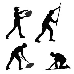 Workers with tools silhouettes on white bucket brush